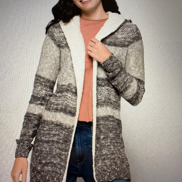 Sherpa Hooded Cardigan, Gray And White Striped, Size S, EUC - Picture 3 of 4